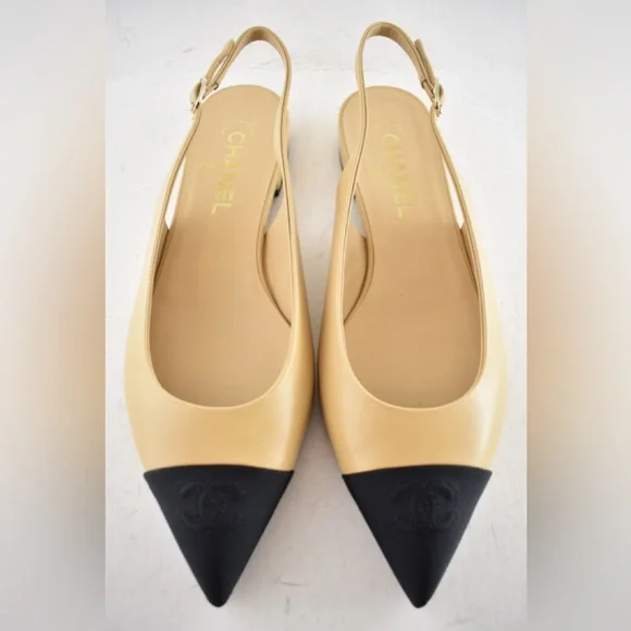 Chanel 24A Beige Leather Black CC Logo Coco Slingback Pointed Ballet Flat 39 - Picture 5 of 15